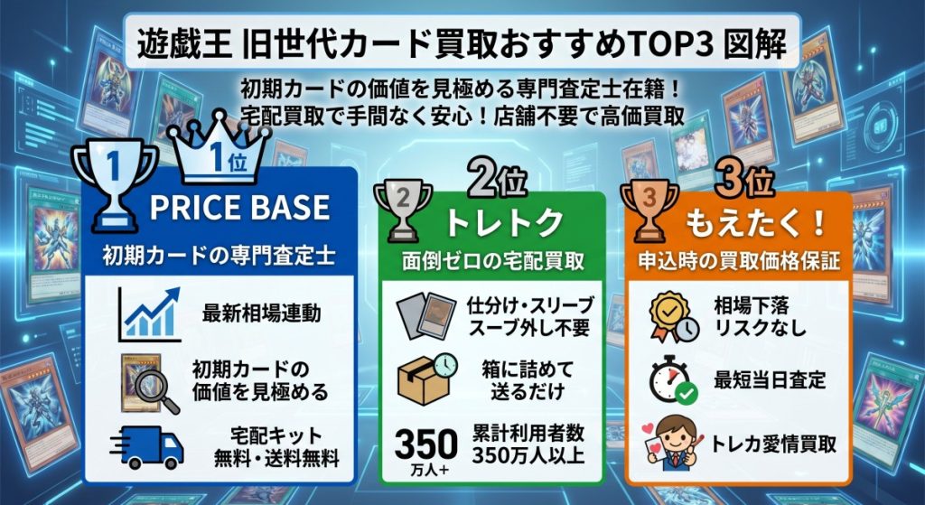 結論として、高く売りたい・面倒を省きたいならこのTOP3(遊戯王旧世代カード向け宅配買取)