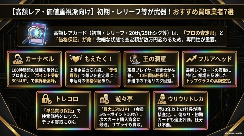 【高額レア・価値重視派向け】遊戯王カード(初期・レリーフ等)の買取でおすすめの業者7選とは? 図解イラスト