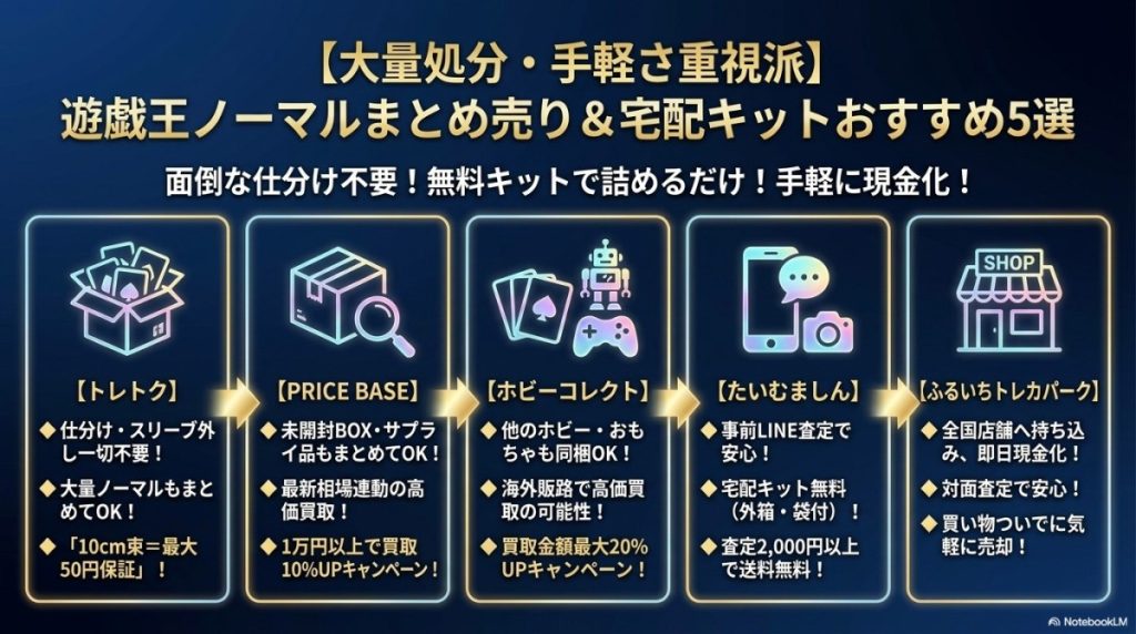【大量処分・手軽さ重視派向け】遊戯王のノーマルまとめ売りと宅配キットがおすすめの買取業者5選とは? 図解イラスト