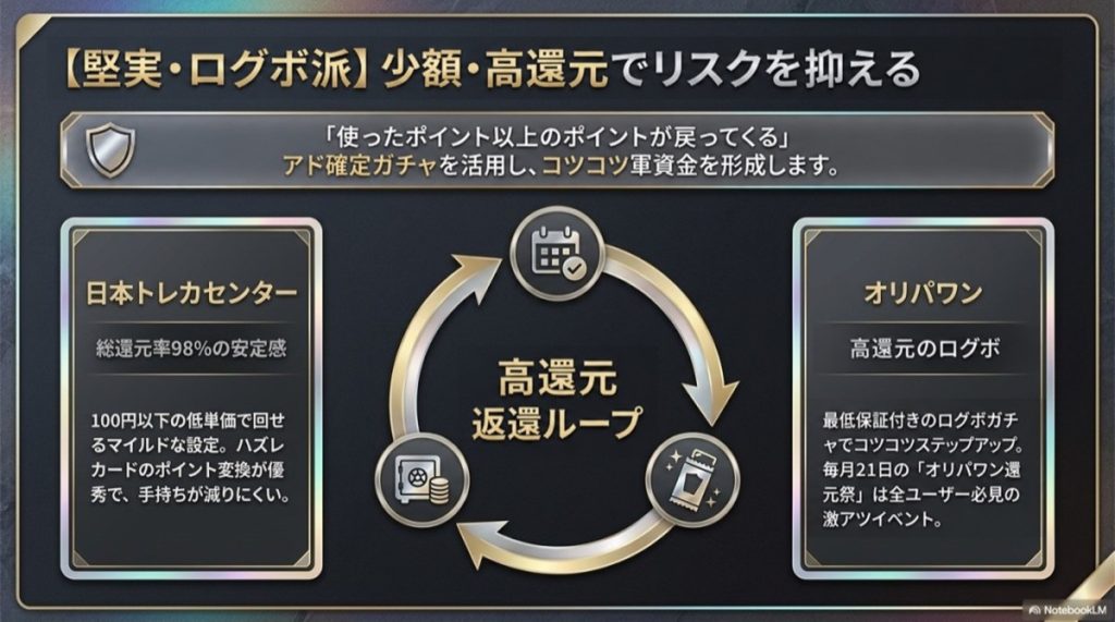 【堅実・ログボ派】少額・高還元率でレリーフを狙うオンラインオリパ優良店2選の図解
