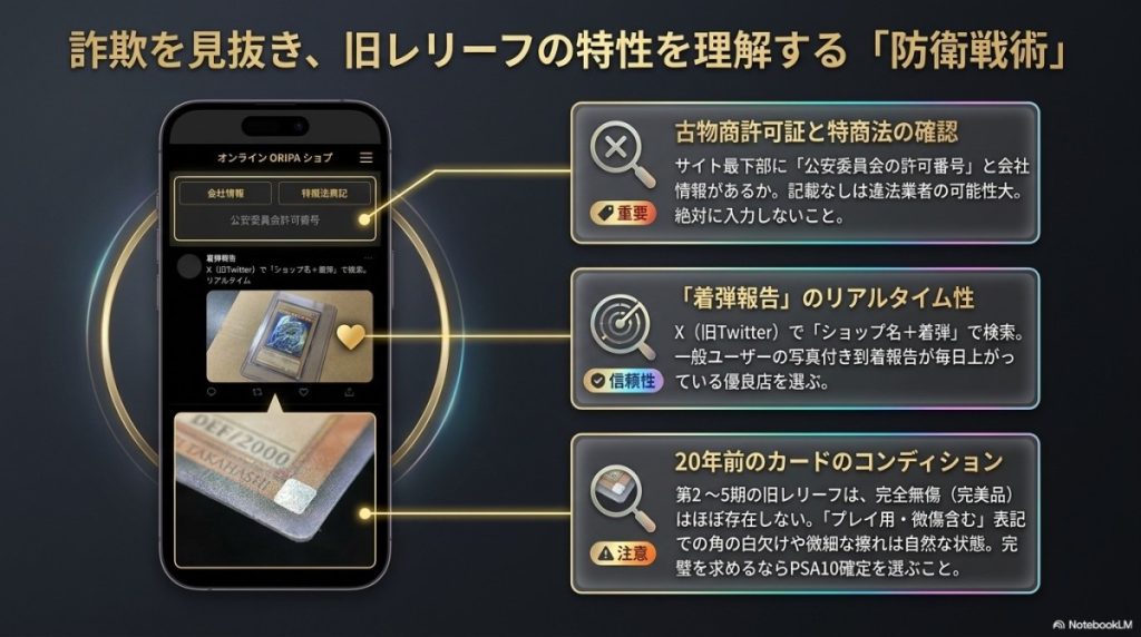 遊戯王の旧レリーフを買う前に!傷判別と詐欺オリパを見抜く注意点の図解
