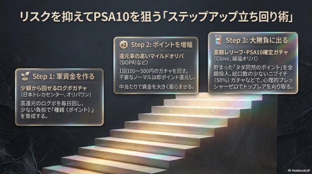 【初心者必見】少額ログボから高額レリーフ確定ガチャへのステップアップ立ち回り術の図解