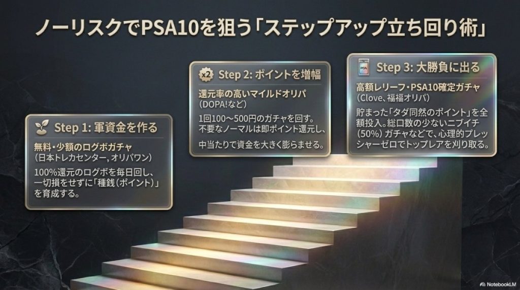 【初心者必見】少額ログボから高額レリーフ確定ガチャへのステップアップ立ち回り術の図解