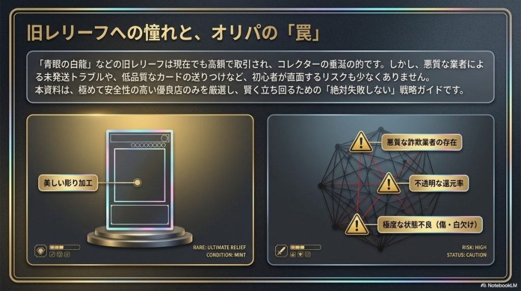 遊戯王オリパでレリーフが当たる!優良店ランキング全15社徹底比較 オリパの罠の図解