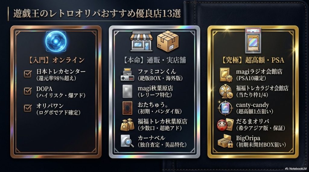 遊戯王レトロオリパおすすめ優良店13選!予算・目的別に紹介 図解イラスト