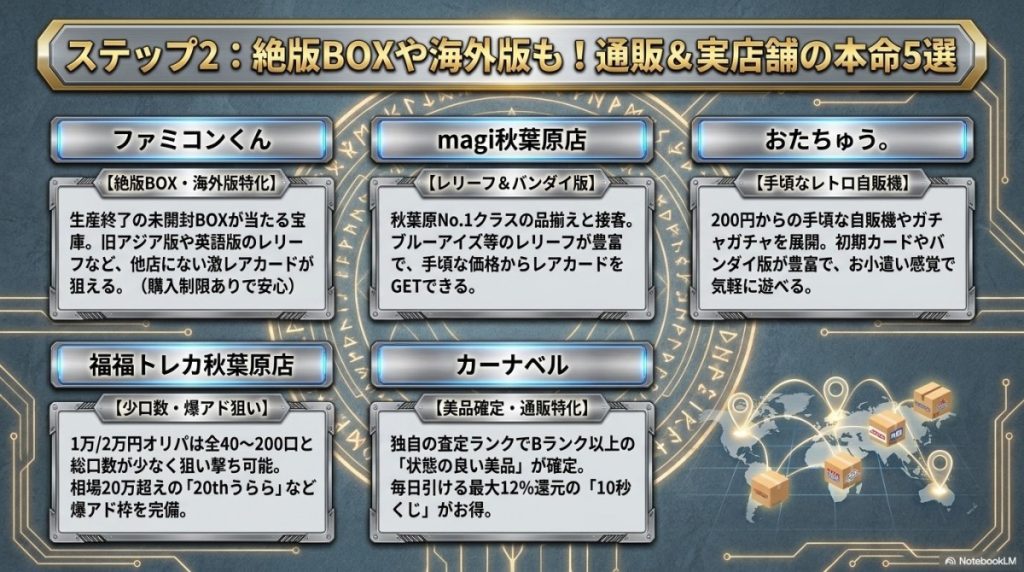 【本命】絶版BOXや初期カードを狙う!レトロ特化・通販・店舗5選 図解イラスト