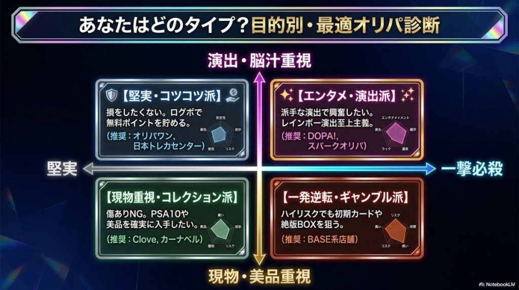 目的別!あなたに最適な遊戯王絶版BOXオリパは?タイプ別マッチング提案 図解イラスト
