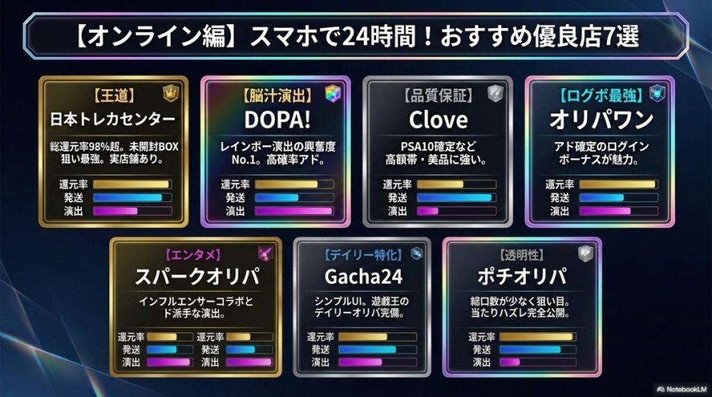 絶版BOXや未開封BOXが狙えるネットオリパ7選!還元率と演出で脳汁を出せ 図解イラスト