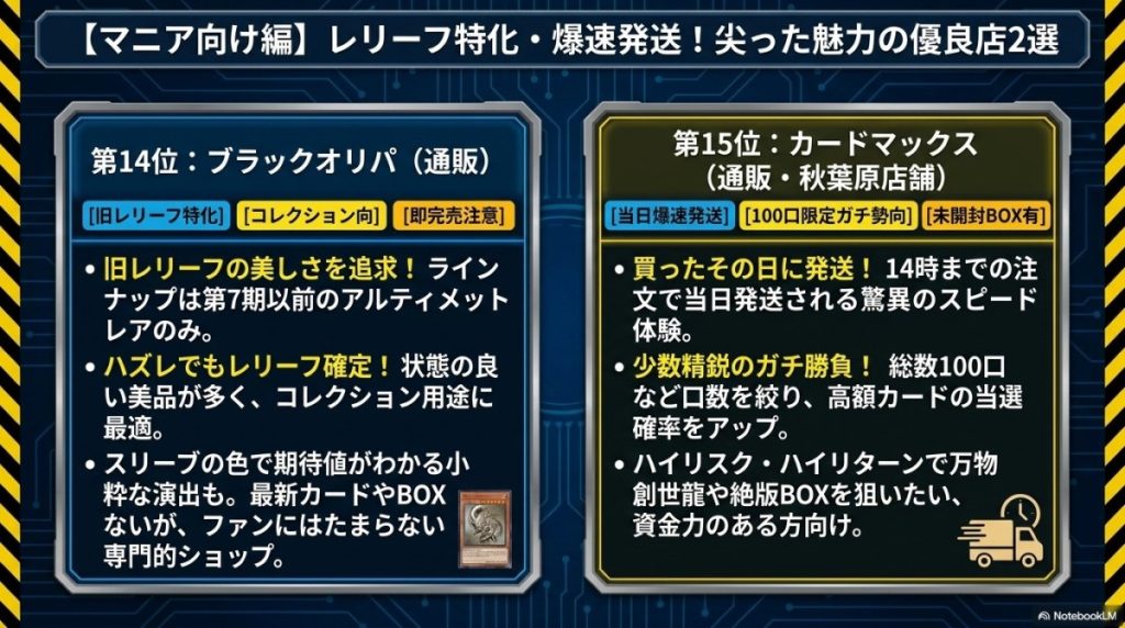 レリーフ特化や爆速発送で選ぶ!マニア向け遊戯王オリパ優良店2選 図解イラスト