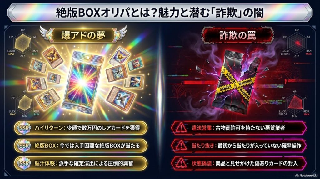 詐欺や当たらない噂は本当?遊戯王の絶版BOXオリパで危険な罠と優良店の見分け方 図解イラスト