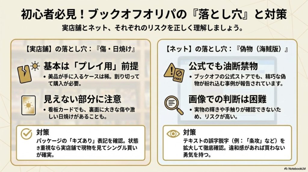 初心者は要注意!ブックオフ遊戯王オリパに潜む「傷」と「偽物」の罠 図解イラスト