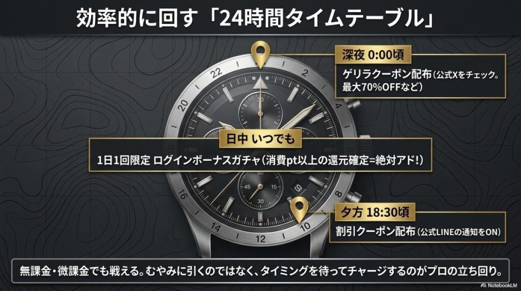 独自:深夜のゲリラクーポンと1日1回のログインボーナス(ログボ)の効率的な回し方