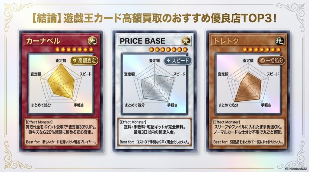 【結論】遊戯王カード高額買取のおすすめ優良店TOP3!【総合ランキング】 図解イラスト