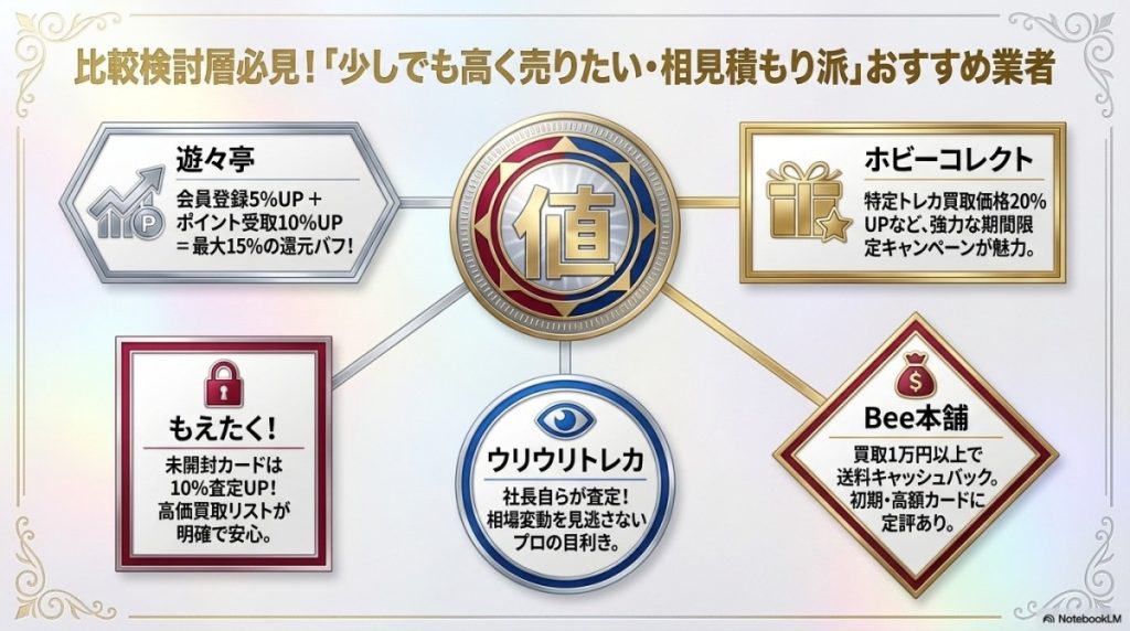 比較検討層必見!遊戯王カードを「少しでも高く売りたい・相見積もり派」のおすすめ業者ランキング 図解イラスト