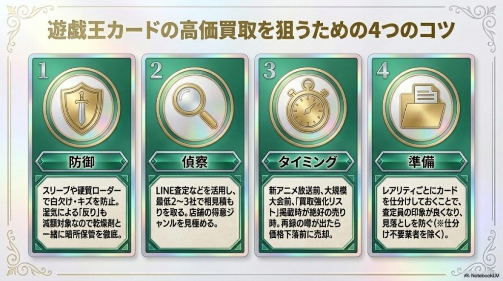 遊戯王カードを高く売るための4つのコツ 図解イラスト
