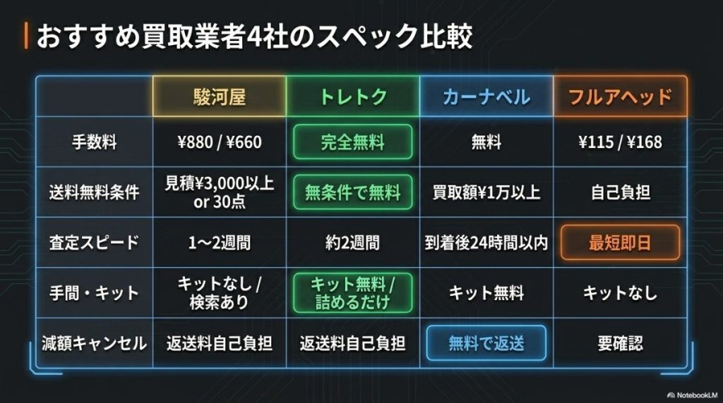 おすすめ買取業者4社のスペック比較