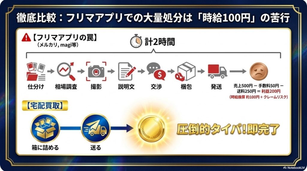 フリマアプリ(メルカリ等)で大量処分は損?宅配買取との時給換算シミュレーション