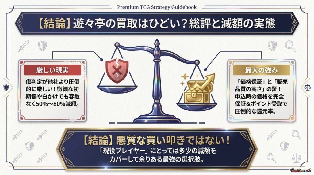 遊々亭の遊戯王買取はひどい?総評と減額の実態 図解イラスト