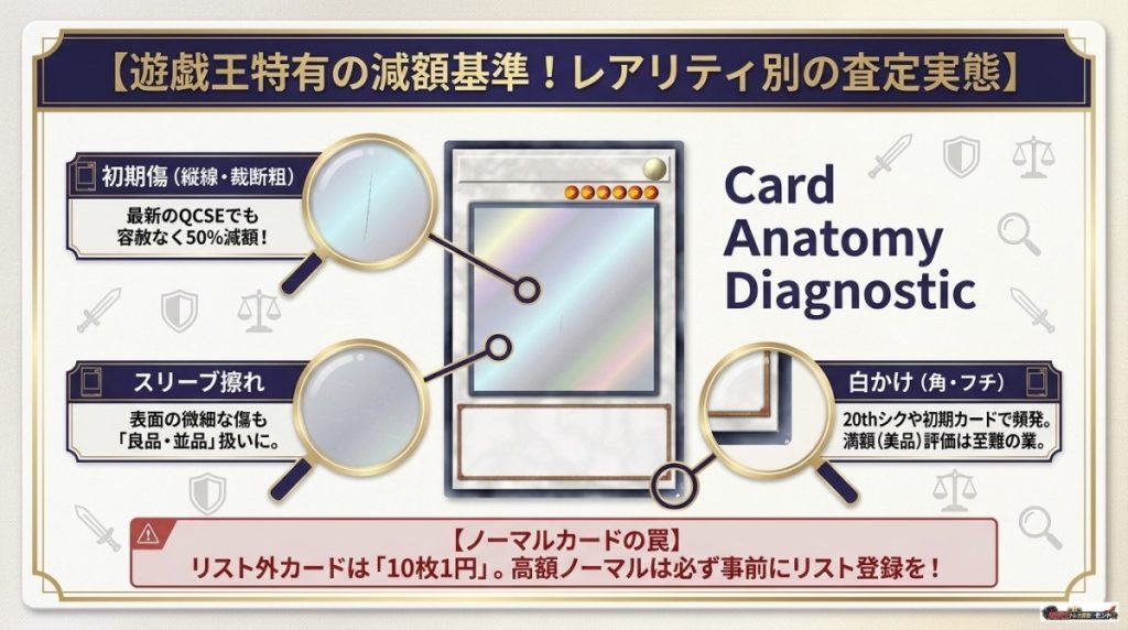 遊戯王特有の減額基準!QCSE・20thシク・初期カードの査定実態 図解イラスト