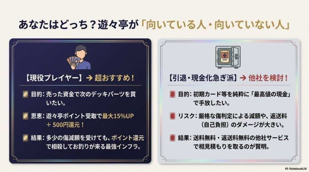あなたはどっち?遊々亭の遊戯王買取が「向いている人・向いていない人」 図解イラスト