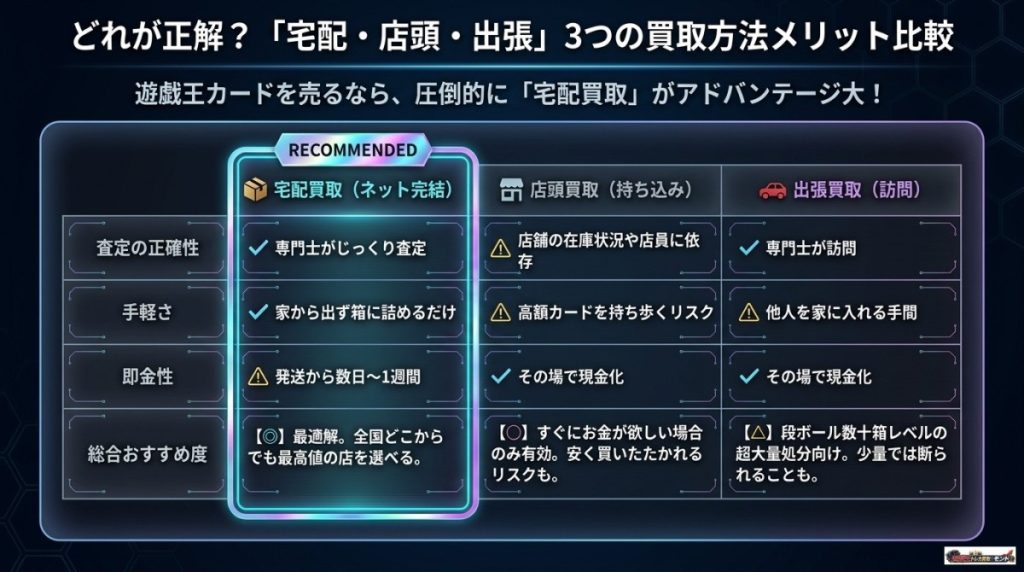 遊戯王カード3つの買取方法比較 図解イラスト