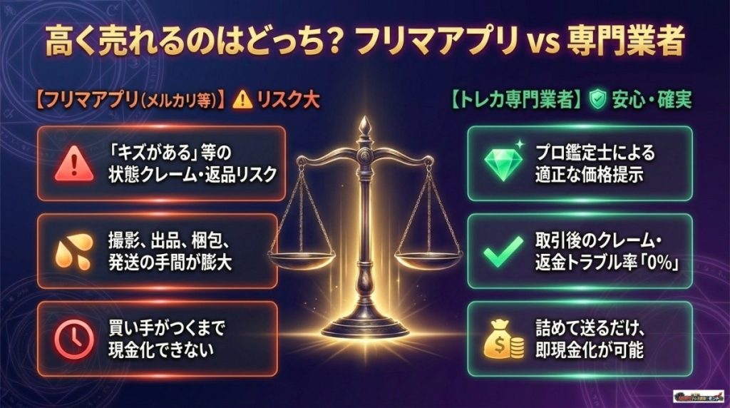 フリマアプリと専門買取業者はどっちが高く売れる?メルカリのトラブル回避とプロの専門鑑定士の比較