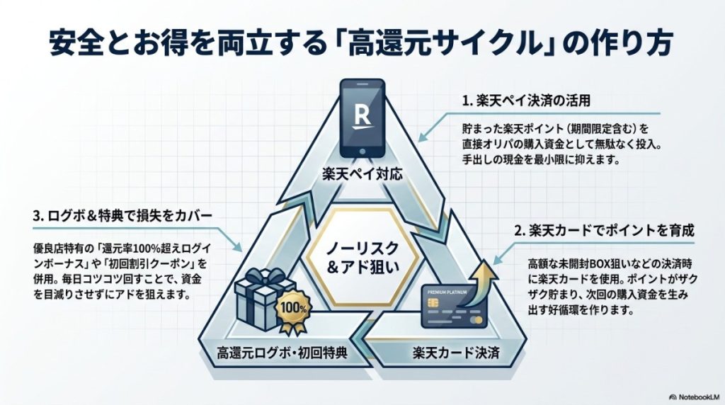 楽天ポイント・決済を賢く使う!お得に回せる優良オリパの選び方 図解イラスト