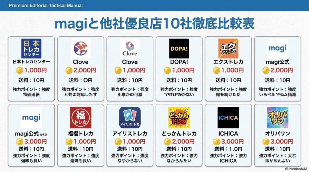 【結論】遊戯王オリパで損しない!magiと他社優良店10社徹底比較表 図解イラスト
