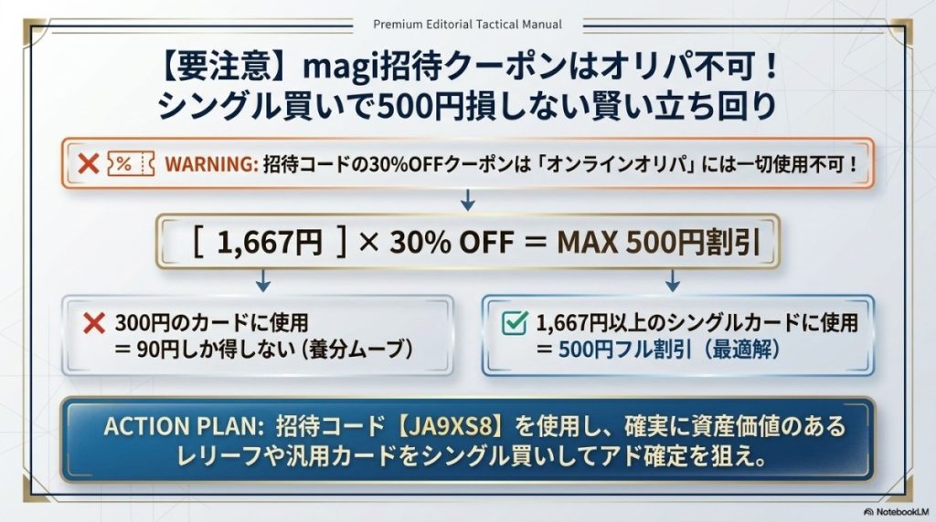 【要注意】magi招待クーポンはオリパ不可!シングル買いで500円損しない賢い立ち回り 図解イラスト