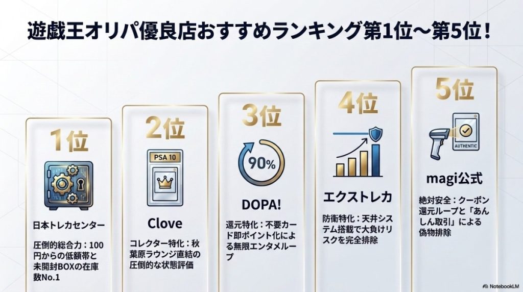 遊戯王オリパ優良店おすすめランキング第1位〜第5位!還元率やPSA10の狙いやすさは? 図解イラスト