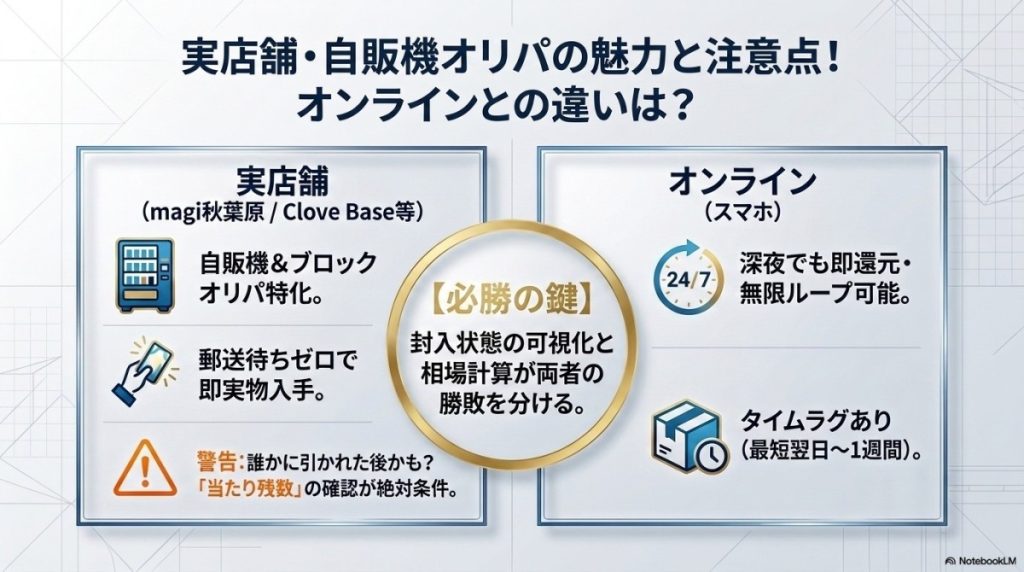 magi秋葉原店などの実店舗(自販機オリパ)の魅力と注意点!オンラインとの違いは? 図解イラスト