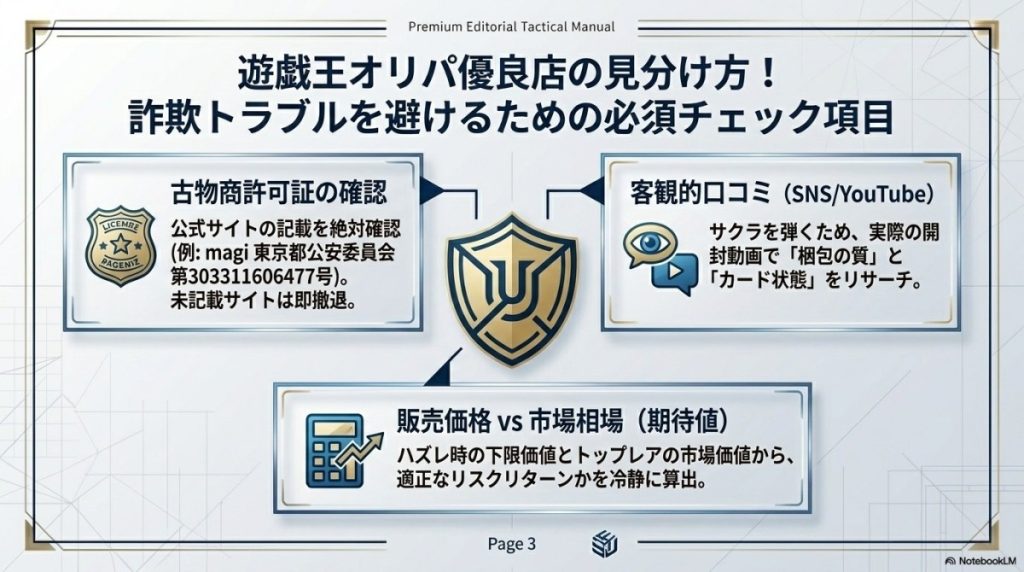 遊戯王オリパ優良店の見分け方!詐欺トラブルを避けるための必須チェック項目 図解イラスト
