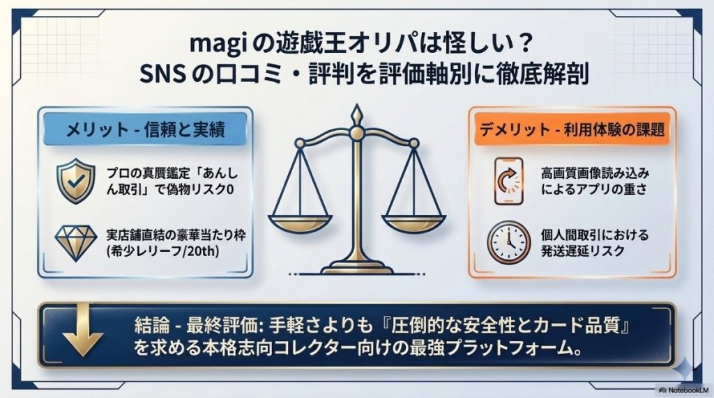 magiの遊戯王オリパは怪しい?SNSの口コミ・評判を評価軸別に徹底解剖 図解イラスト