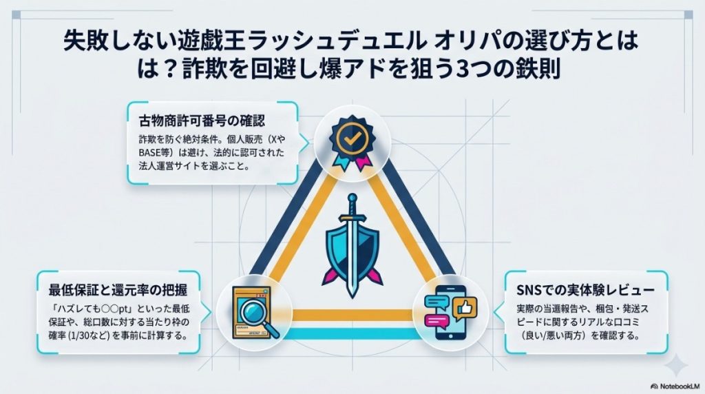 失敗しない遊戯王ラッシュデュエル オリパの選び方とは?詐欺を回避し爆アドを狙う3つの鉄則 図解イラスト
