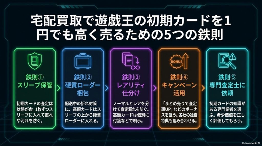 宅配買取で遊戯王の初期カードを1円でも高く売るための5つの鉄則 図解イラスト