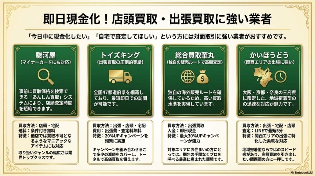 即日現金化!店頭買取・出張買取に強い業者ランキング 図解イラスト
