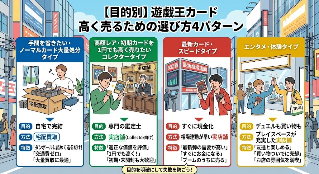 『【目的別】あなたはどのタイプ?遊戯王を高く売るための選び方4パターン』図解画像