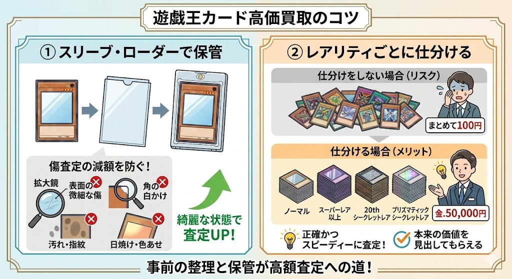 『傷査定の減額を防ぐ!スリーブ・ローダーでの保管と仕分け』図解画像