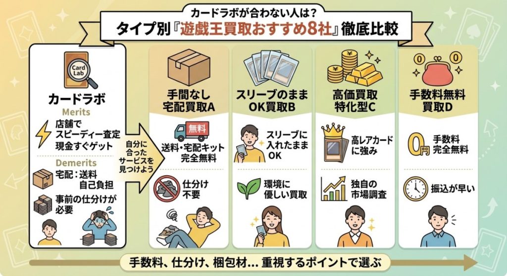『カードラボが合わない人は?タイプ別「遊戯王買取おすすめ8社」徹底比較』の図解画像