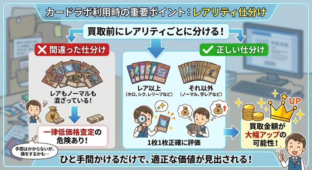 『レアリティごとに仕分けする(カードラボ利用時の注意点)』の図解画像