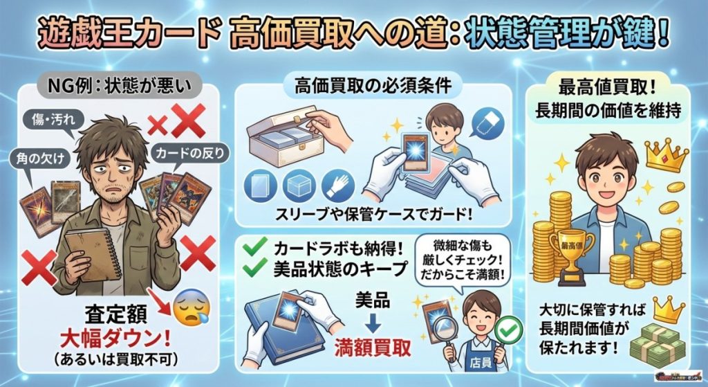『スリーブや保管ケースで傷を防ぐ』の図解画像