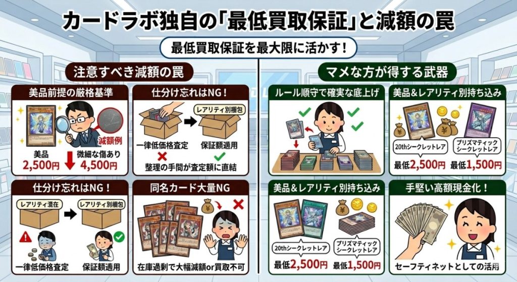 『注意!カードラボ独自の「最低買取保証」と減額の罠』の図解画像