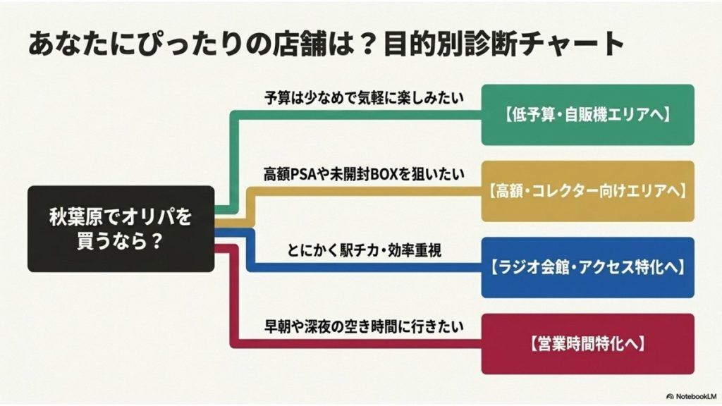 秋葉原の遊戯王オリパ優良店!目的別おすすめの目的別診断シートの図解