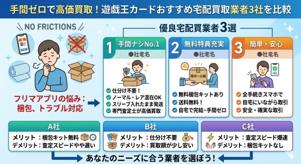 『手間ゼロで高価買取!遊戯王カードのおすすめ宅配買取業者3社を比較』の図解画像