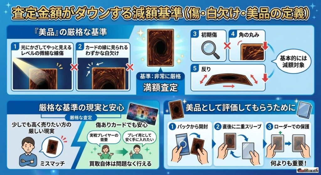 『査定金額がダウンする減額基準(傷・白欠け・美品の定義)』の図解画像