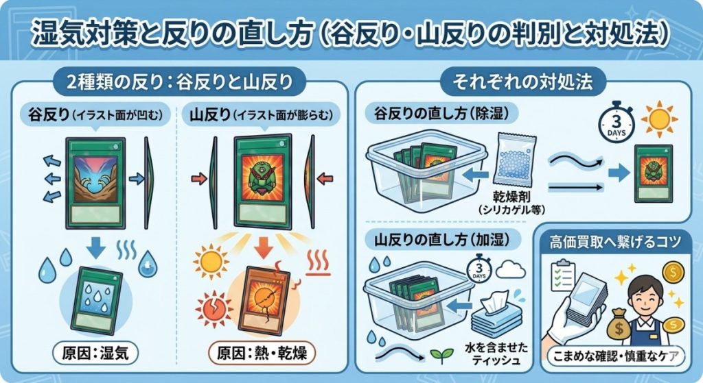 『湿気対策と反りの直し方(谷反り・山反りの判別と対処法)』の図解画像