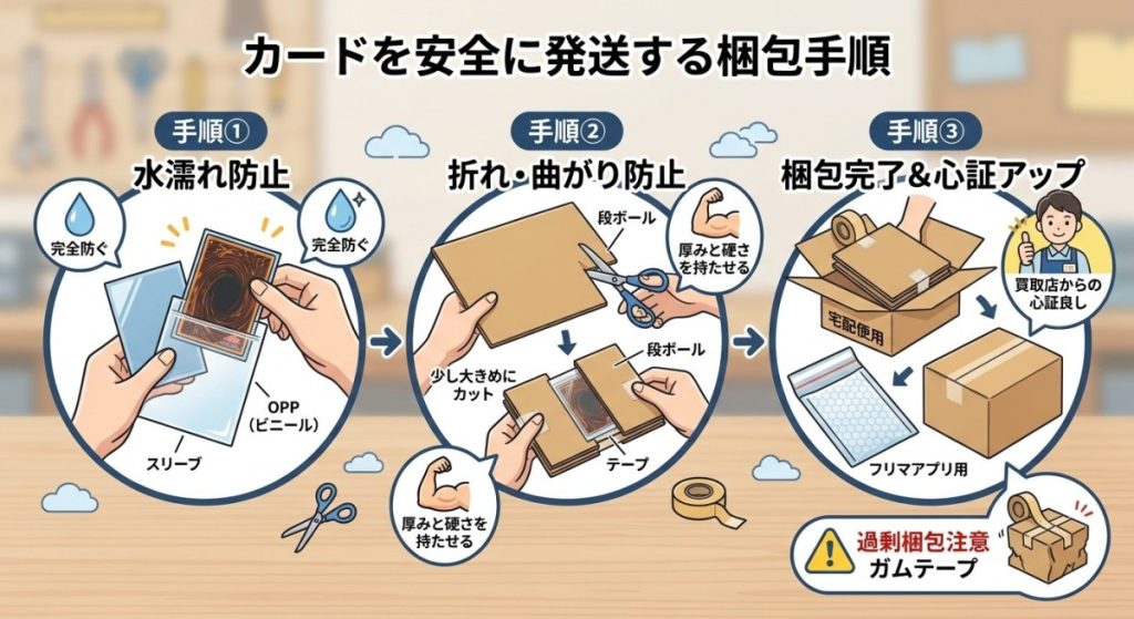 『水濡れ・折れ防止!ダンボールやOPP袋を使った安全な梱包手順』の図解画像
