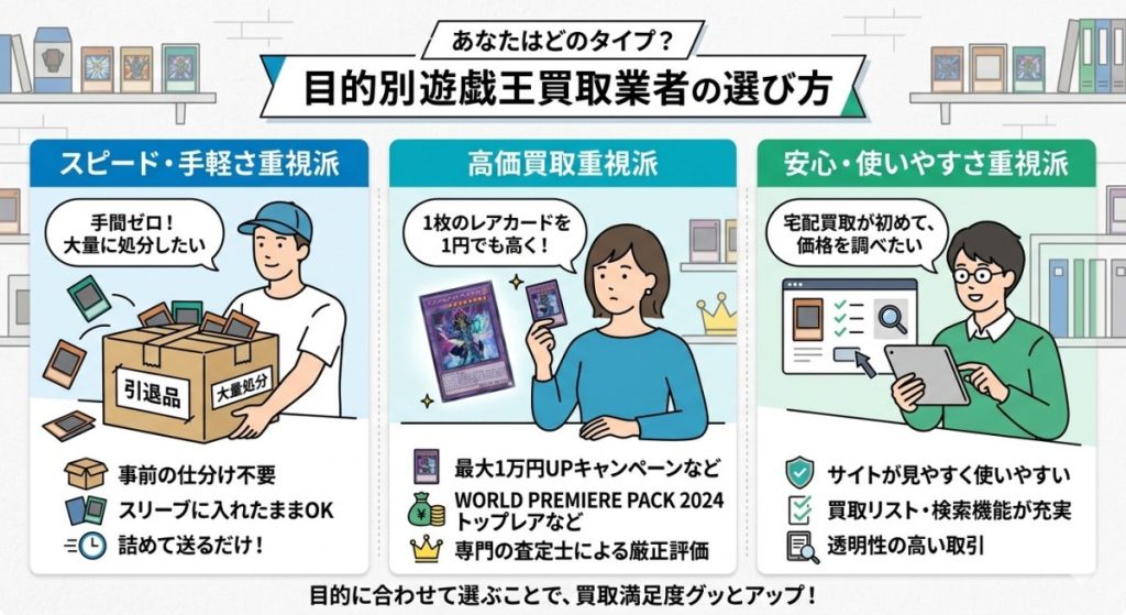 『あなたはどのタイプ?目的別おすすめ遊戯王買取業者の選び方』の図解画像
