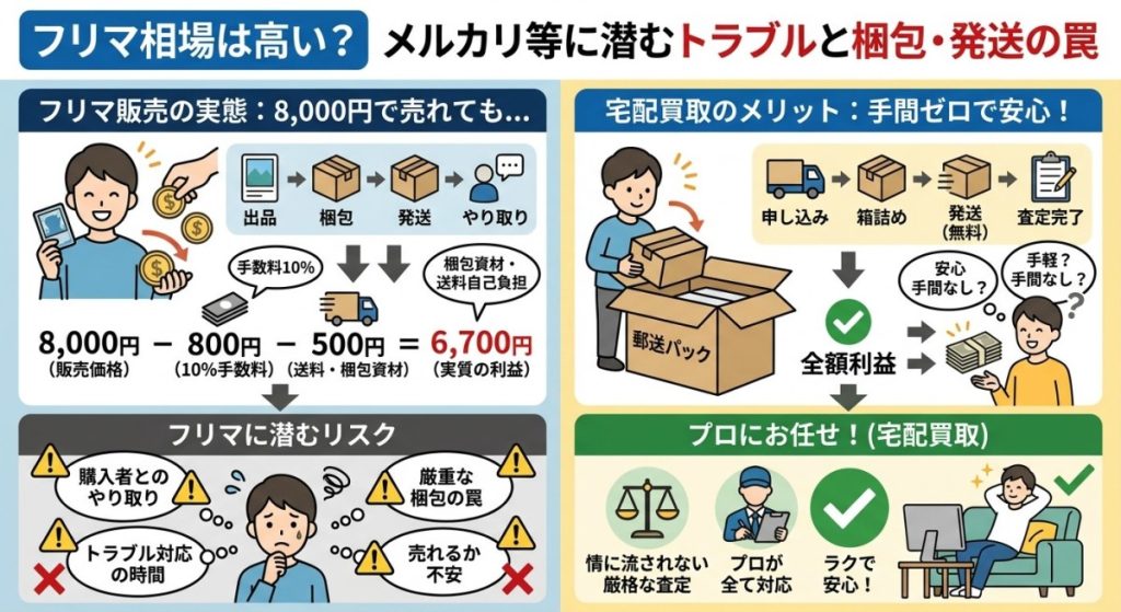 『フリマ相場は高い?メルカリ等に潜むトラブルと梱包・発送の罠』の図解画像